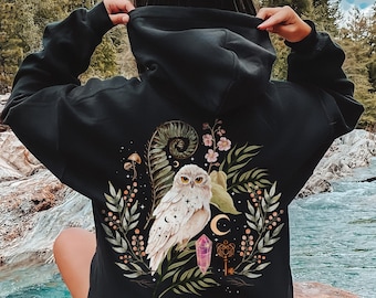 Mystical White Owl Hoodie, Magical Witchy Snow Owl Hoodie, Botanical Forestcore Pullover, Dark Cottage Core Clothing, Quartz Crystal Hoodie