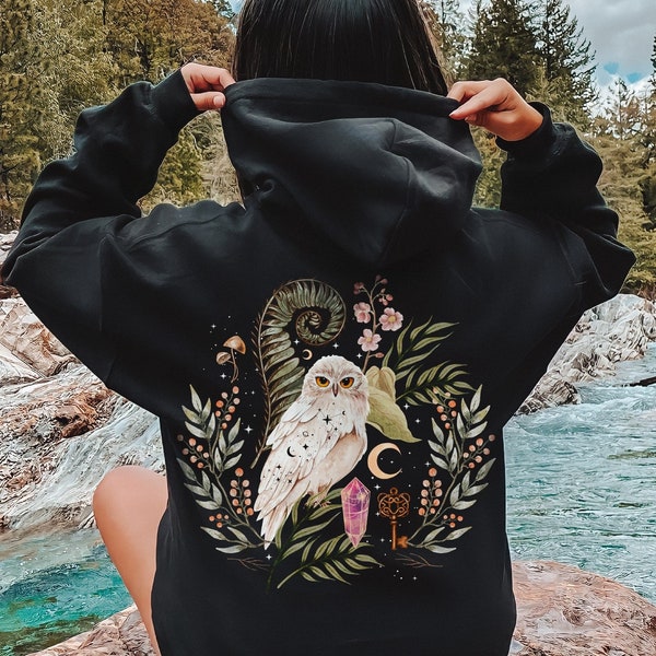 Mystical White Owl Hoodie, Magical Witchy Snow Owl Hoodie, Botanical Forestcore Pullover, Dark Cottage Core Clothing, Quartz Crystal Hoodie