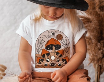 Retro Mushrooms Kids Shirt, Mystical Moon Kids Tee, Boho Moon Toddler Shirt, Magical Mushroom Kids Tee, Cottagecore Clothes, Witchy Kids Tee