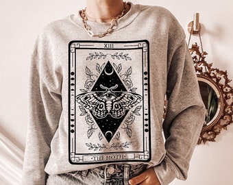 Witchy Luna Moth Tarot Card Sweatshirt, Witchy Moon Phase Sweater, Celestial Mystical Lunar Moth Shirt, Witchy Moon Moth Grey Sweatshirt