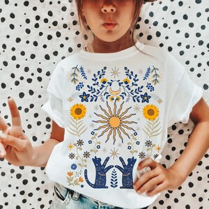 Sun And Moon Kids Shirt, Mystical Cosmic Galaxy Kids Tee, Folk Art Botanical Floral Toddler Shirt, Sunflower Kids Tee, Witchy Kids Shirt White