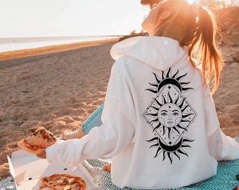 Celestial Sun Hoodie, Mystical Sun And Moon Hoodie, Spiritual Shirts, Witchy Clothing, Mystical Moon Gift, Back Printed Hoodie