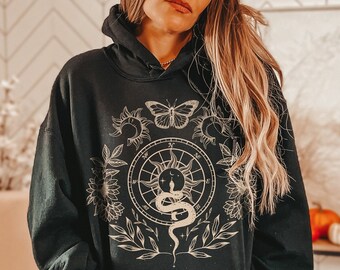 Floral Mystic Snake Hoodie, Aesthetic Sunflower Hoodie, Fairycore Floral Pullover, Mystical Butterfly Hoodie, Witchy Celestial Sun Hoodie