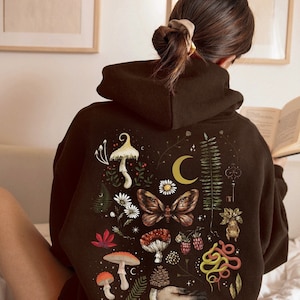 Magic Forest Mushroom Hoodie, Cottagecore Fairycore Clothes, Mystical Celestial Moth Hoodie, Witchy Clothes, Celestial Moon Pullover