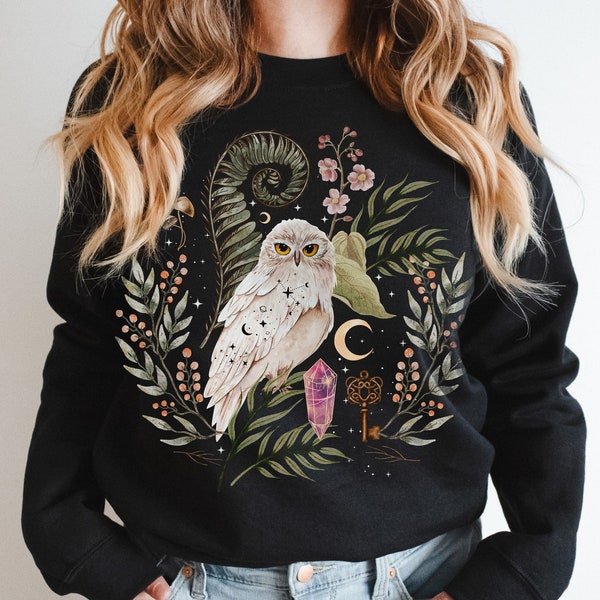 Mystical White Owl Sweatshirt, Magical Witchy Snow Owl Sweater, Forestcore Sweatshirt, Dark Cottage Core Clothing, Quartz Crystal Sweatshirt