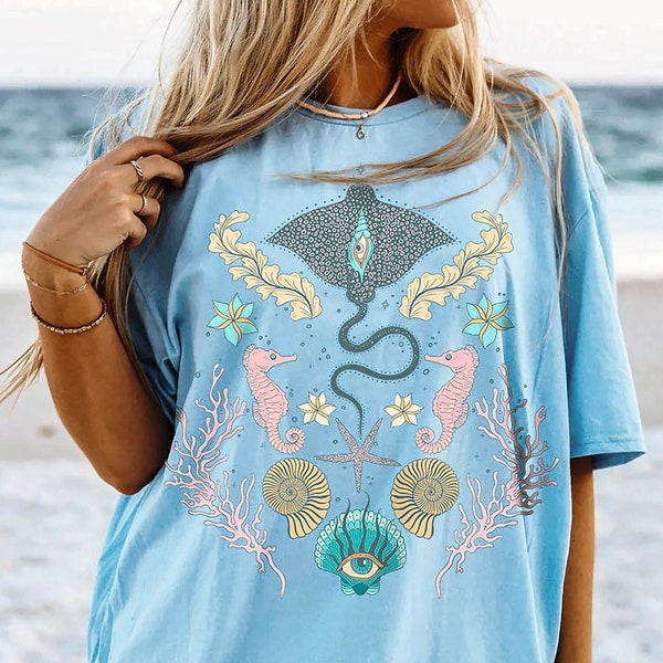 Beachy Shell T Shirt, Pink Coral Sea Tee, Summer Vsco Girl Shirt, Stingray Fish Tee, Pink Seahorse Tee, Pastel Tropical Flowers Shirt