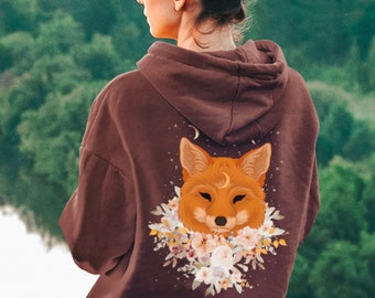 Dark Cottagecore Clothes, Fox Moon Phase Mystical Hoodie, Cottagecore Nature Floral Hoodie, Boho Aesthetic Alt Fairycore Pullover