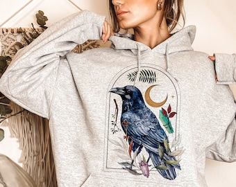 Raven Bird Hoodie, Dark Academia Clothing, Mystical Witchy Hoodie, Witchy Clothes, Botanical Forest Animal Hoodie, Witchy Crow Bird Hoodie