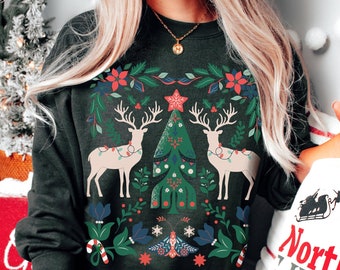 Scandinavian Christmas Sweatshirt, Cute Folk Art Christmas Sweater, Botanical Art Christmas Sweater, Nature Floral Christmas Sweatshirt