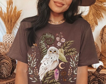 Mystical White Owl Shirt, Magical Witchy Snow Owl T Shirt, Forestcore Shirt, Dark Cottage Core Clothing, Quartz Crystal Lover Shirt