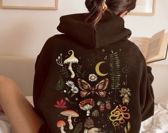 Magic Forest Mushroom Hoodie, Cottagecore Fairycore Clothes, Mystical Celestial Moth Hoodie, Witchy Clothes, Celestial Moon Pullover