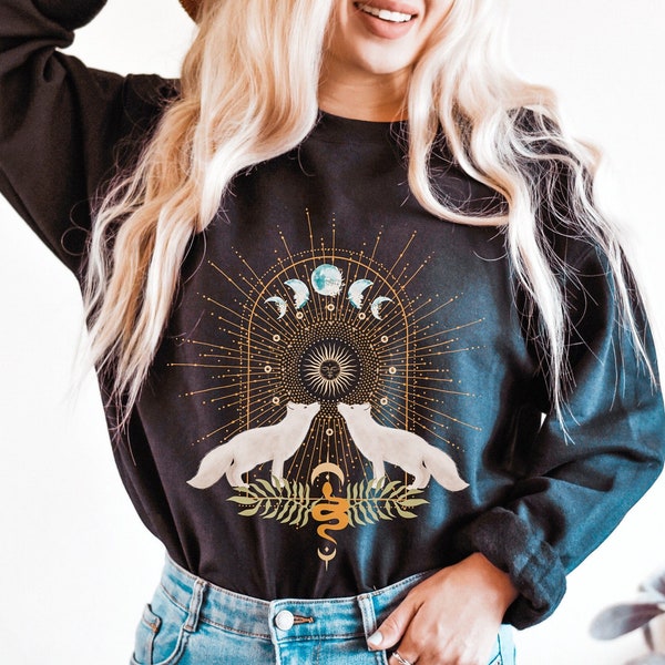 Cottagecore Snow Fox Sweatshirt, Cottagecore Clothes, Celestial Mystical Sweater, Moon Phase Pullover, Witchy Moon Shirt, White Fox Shirt