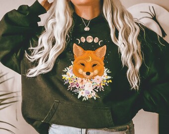 Cottagecore Fox Hoodie, Cottagecore Clothes, Celestial Mystical Hoodie, Botanical Forest Nature Sweater, Witchy Moon Phase Hoodie