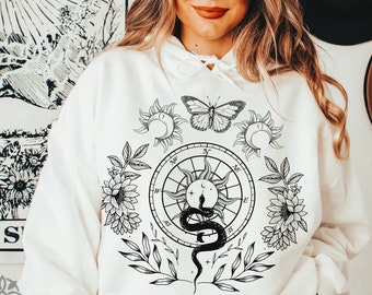 Floral Mystic Snake Hoodie, Aesthetic Sunflower Hoodie, Fairycore Floral Pullover, Mystical Butterfly Hoodie, Witchy Celestial Sun Hoodie