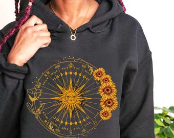 Celestial Sun Hoodie, Sunflower Pullover, Mystical Moon Hoodie, Witchy Moon Phase Pullover, Flowers Floral Hoodie, Vintage Sun Hoodie