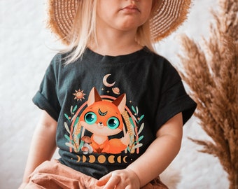 Cute Fox Kids Shirt, Mystical Moon Kids Tee, Boho Moon Phase Kids Shirt, Forest Animal Kids Shirt, Cottagecore Clothes, Fox Lover Gift