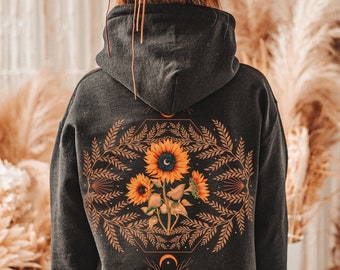 Boho Sunflower Plant Hoodie, Mystical Flower Hoodie, Magical Celestial Clothes, Witchy Moon Hoodie, Sunflower Lover Gift, Botanical Hoodie