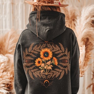 Boho Sunflower Plant Hoodie, Mystical Flower Hoodie, Magical Celestial Clothes, Witchy Moon Hoodie, Sunflower Lover Gift, Botanical Hoodie