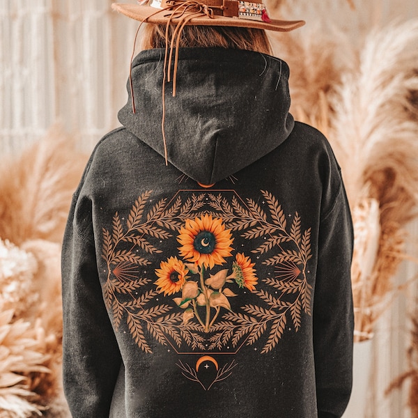 Boho Sunflower Plant Hoodie, Mystical Flower Hoodie, Magical Celestial Clothes, Witchy Moon Hoodie, Sunflower Lover Gift, Botanical Hoodie