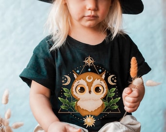 Cute Owl Kids Shirt, Mystical Moon Kids Tee, Boho Moon Phase Kids Shirt, Forest Animal Kids Shirt, Cottagecore Clothes, Owl Lover Gift