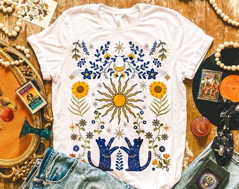 Celestial Sun And Moon Shirt, Mystical Cosmic Galaxy Tee, Folk Art Botanical Floral T Shirt, Witchy Moon And Cats Shirt, Sunflower Tee
