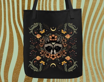 Cottagecore Raccoon Tote Bag, Botanical Floral Tote Bag, Mystical Racoon Tote Bag, Celestial Animal Tote Bag, Cottage Core Accessories