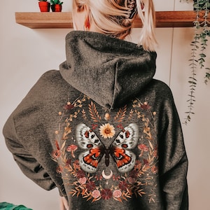 Summer Boho Butterfly Hoodie, Fall Nature Floral Botanical Hoodie, Boho Moon Pullover, Dried Leaves Hoodie, Cottagecore Clothing