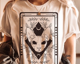 Sphynx Witchy Cat Tarot Card Shirt, Witchy Moon Phase Tee, Celestial Mystical Cat Shirt, Sphynx Black Cat Lover Gift, Witch No Fur Cat Shirt