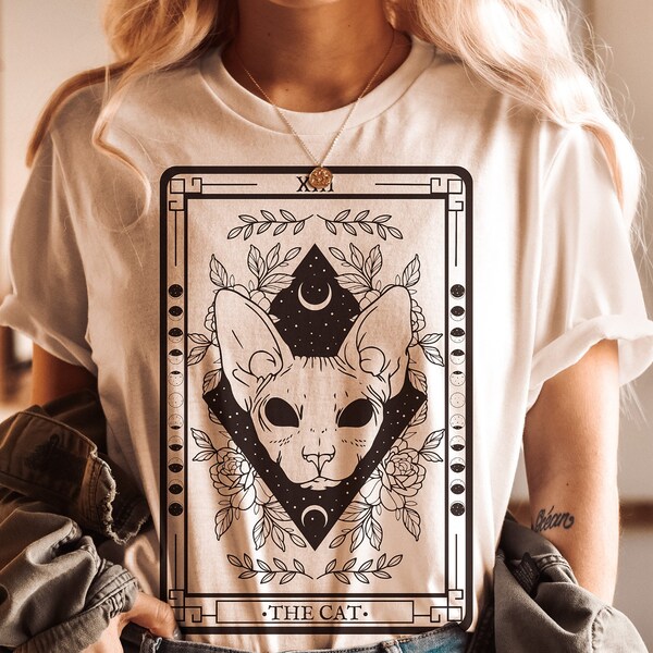 Sphynx Witchy Cat Tarot Card Shirt, Witchy Moon Phase Tee, Celestial Mystical Cat Shirt, Sphynx Black Cat Lover Gift, Witch No Fur Cat Shirt