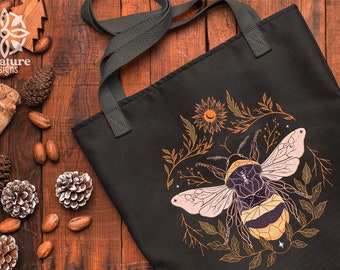 Cottagecore Bumblebee Bag, Boho Fall Bee Tote Bag, Botanical Insect Tote Bag, Mystical Bumble Bee Bag, Forestcore Large Tote Bag