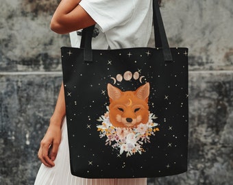 Cottagecore Fox Tote Bag, Celestial Moon Phase Bag, Mystical Tote Bag, Spirit Animal Tote Bag, Cottage Core Forestcore Fairycore Bag