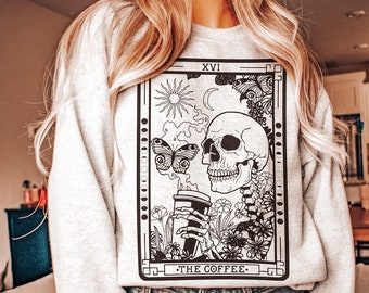 Coffee Cup Funny Skeleton Tarot Sweatshirt, Fall Autumn Sweater, Drinking Coffee T Shirt, Skull Halloween Shirt, Skeletons Halloween Sweater