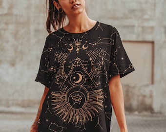 SUN DRESS, CELESTIAL Dark Academia Moon Dress, Galaxy Mystical Dress, Moon Stars Printed Dress, Gothicwear Autumn Dress, Shirt Dress