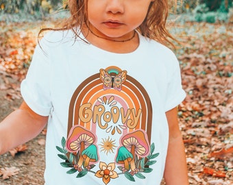 Hippie Mushrooms Kids Tee, Cute Butterfly Toddler Shirt, Groovy Kids Shirt, Retro Mushrooms Kids T-Shirt, Boho Rainbow Kids Tee