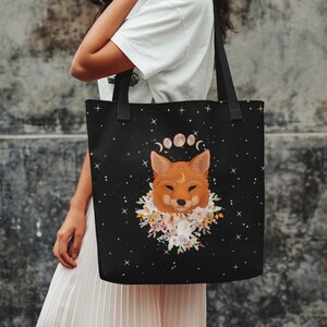 Cottagecore Fox Tote Bag, Celestial Moon Phase Bag, Mystical Tote Bag, Spirit Animal Tote Bag, Cottage Core Forestcore Fairycore Bag image 1