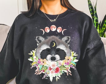 Dark Cottagecore Clothes, Racoon Moon Phase Mystical Sweatshirt, Cottagecore Nature Floral Shirt, Boho Aesthetic Alt Fairycore Pullover