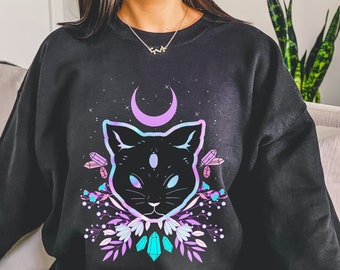 Celestial Mystic Cat Sweatshirt, Holographic Moon Cat Shirt, Aesthetic Alt Fairycore Pullover, Flowers Dark Academia Sweater