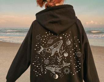 Mystical Whale Hoodie, Celestial Planet Hoodie, Magic Stardust Space Hoodie, Mystical Stars Pullover, Cute Whales Hoodie, Celestial Clothes