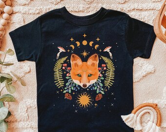 Cute Fox Kids Shirt, Mystical Moon Phase Kids Tee, Mushroom Kids Shirt, Forest Animal Kids Shirt, Cottagecore Clothes, Fox Lover Gift