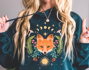 Cottagecore Fox Hoodie, Cottagecore Clothes, Celestial Mystical Hoodie, Botanical Forest Nature Sweater, Witchy Moon Phase Hoodie