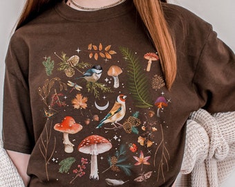 Dark Forest Animal Mushroom Shirt, Cottagecore Nature Botanical Shirt, Goblincore Fairycore Cottagecore Clothing, Mystical Moon Clothes