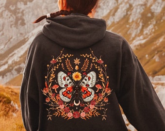 Autumn Boho Butterfly Hoodie, Fall Nature Floral Botanical Hoodie, Boho Moon Pullover, Dried Leaves Hoodie, Cottagecore Clothing