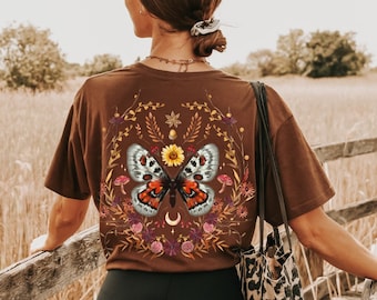 Summer Boho Butterfly Shirt, Fall Nature Floral Botanical T Shirt, Boho Moon Tee, Dried Leaves Shirt, Cottagecore Clothing, Forestcore Shirt