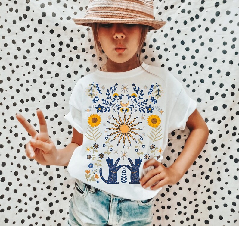 Sun And Moon Kids Shirt, Mystical Cosmic Galaxy Kids Tee, Folk Art Botanical Floral Toddler Shirt, Sunflower Kids Tee, Witchy Kids Shirt White