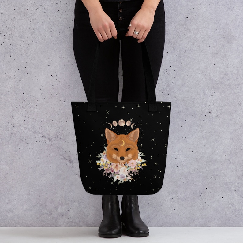 Cottagecore Fox Tote Bag, Celestial Moon Phase Bag, Mystical Tote Bag, Spirit Animal Tote Bag, Cottage Core Forestcore Fairycore Bag image 2