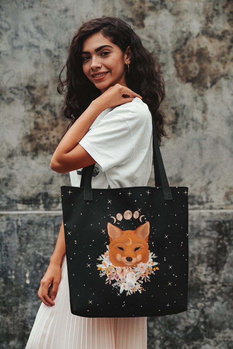 Cottagecore Fox Tote Bag, Celestial Moon Phase Bag, Mystical Tote Bag, Spirit Animal Tote Bag, Cottage Core Forestcore Fairycore Bag image 1