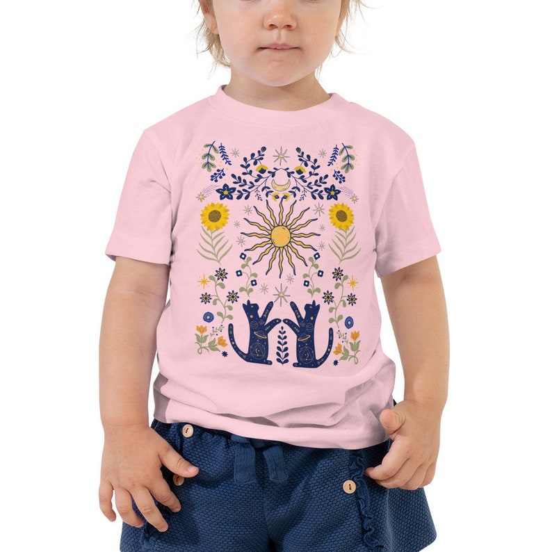 Sun And Moon Kids Shirt, Mystical Cosmic Galaxy Kids Tee, Folk Art Botanical Floral Toddler Shirt, Sunflower Kids Tee, Witchy Kids Shirt Pink