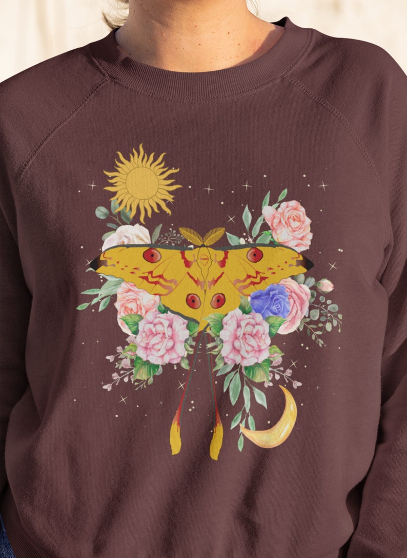 Moon Moth Sweatshirt, Sun Moon Shirt, Floral Celestial Nature, Cottagecore Clothing, Mystical Butterfly Sweatshirt, Spiritual Animal Sweater image 2