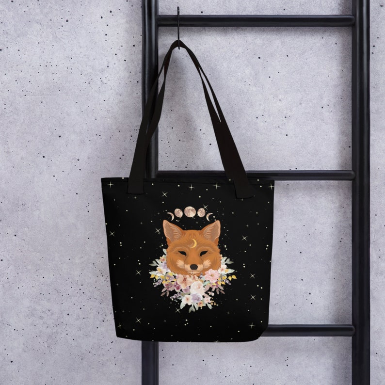 Cottagecore Fox Tote Bag, Celestial Moon Phase Bag, Mystical Tote Bag, Spirit Animal Tote Bag, Cottage Core Forestcore Fairycore Bag image 4