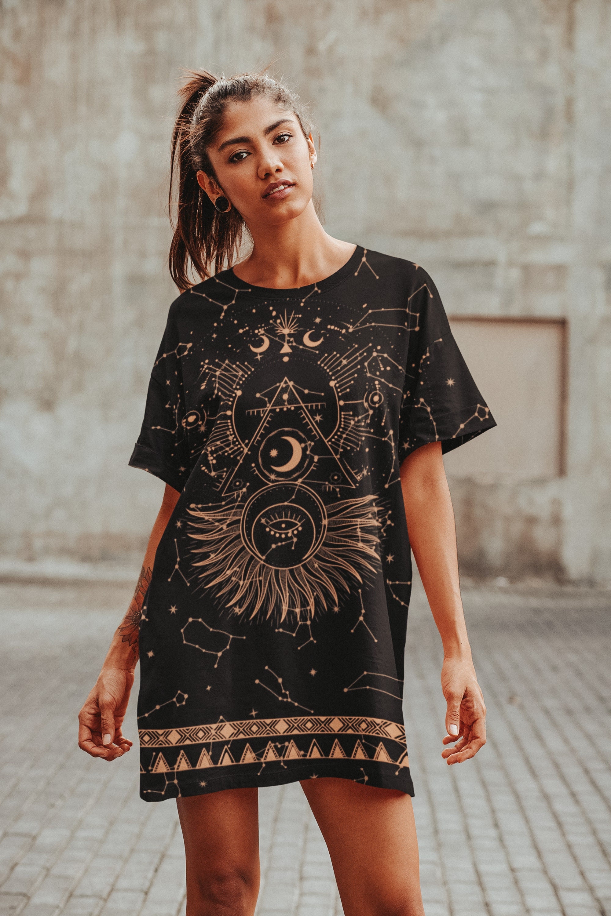 Women's retro sun moon print hooded long sleeve dres sale